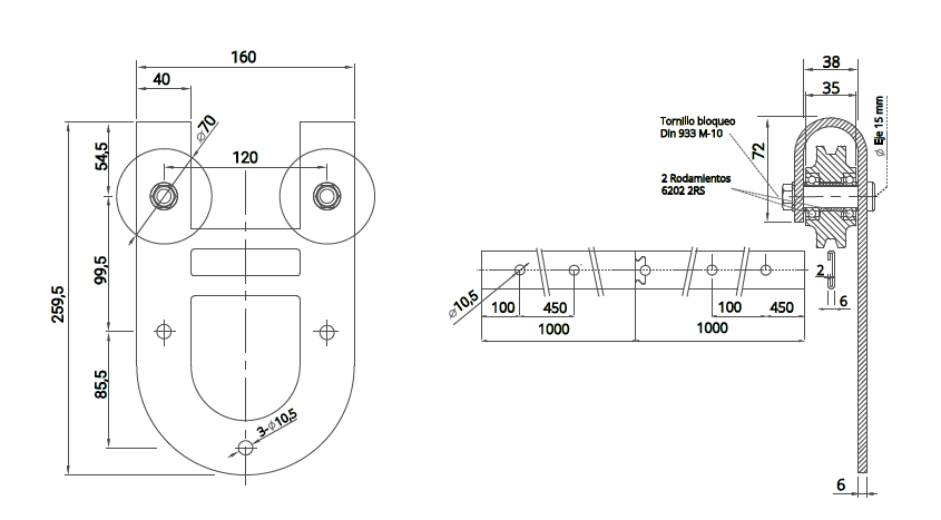 esquema medidas herrajes rústicos para puerta corredera superior de madera